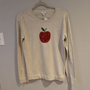 J. Crew Beige Sweater with Red Sparkle Apple Size M NWT